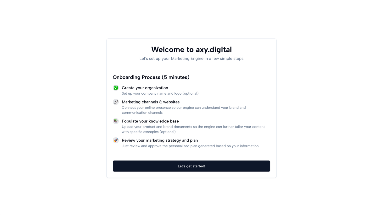 Axy onboarding welcome screen with knowledge base setup steps