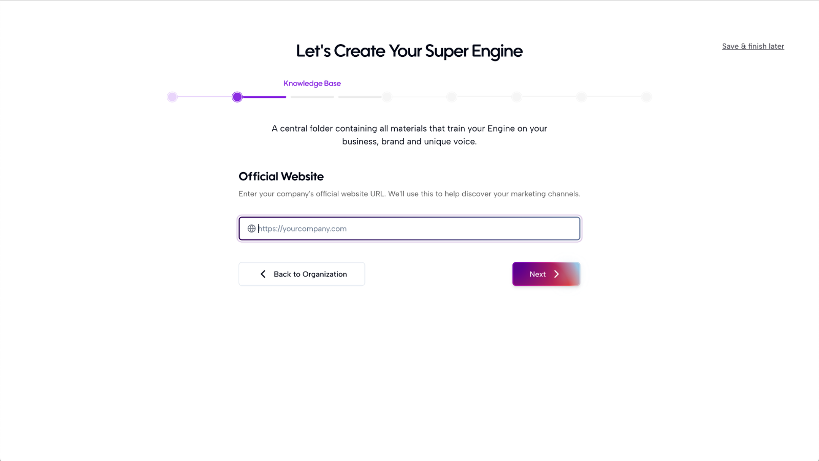 Official website URL input during Axy knowledge base setup