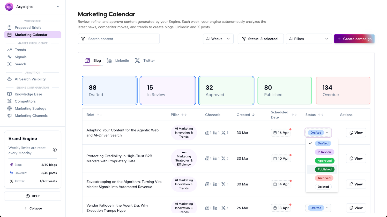 Marketing Calendar showing drafted, in review, approved, published and overdue content with status dropdown open