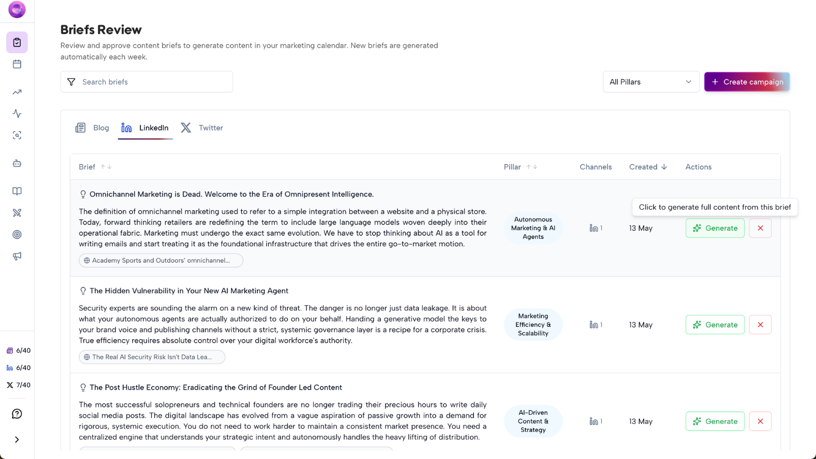 Proposed briefs review screen with LinkedIn briefs in Axy