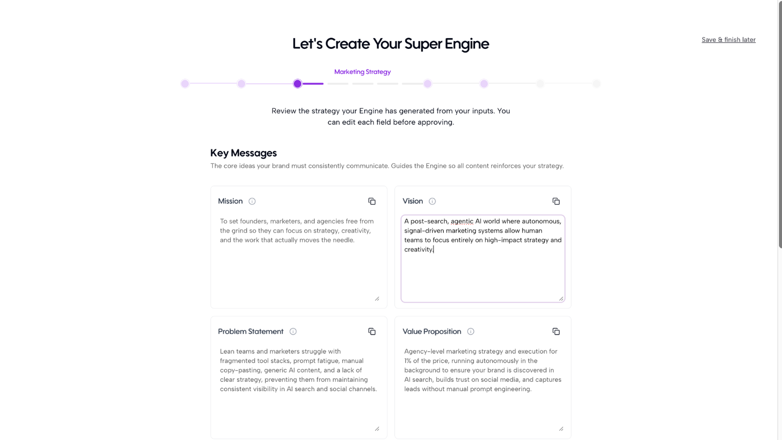 Marketing Strategy review step in the Super Engine wizard with editable Mission, Vision, Problem and Value Proposition fields