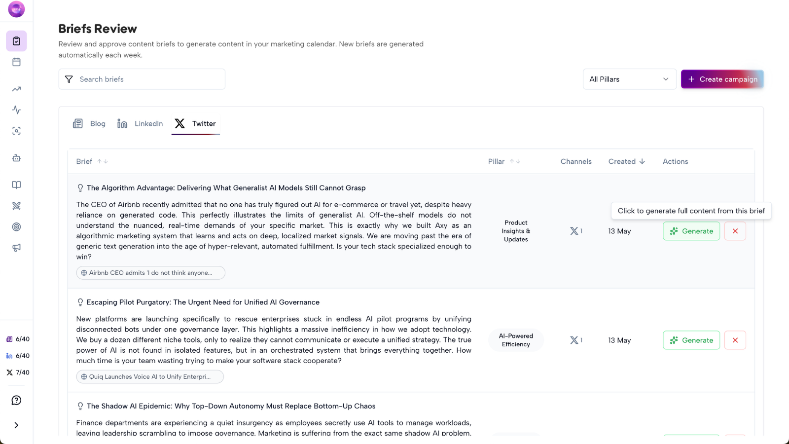 Proposed briefs review screen with X (Twitter) briefs in Axy