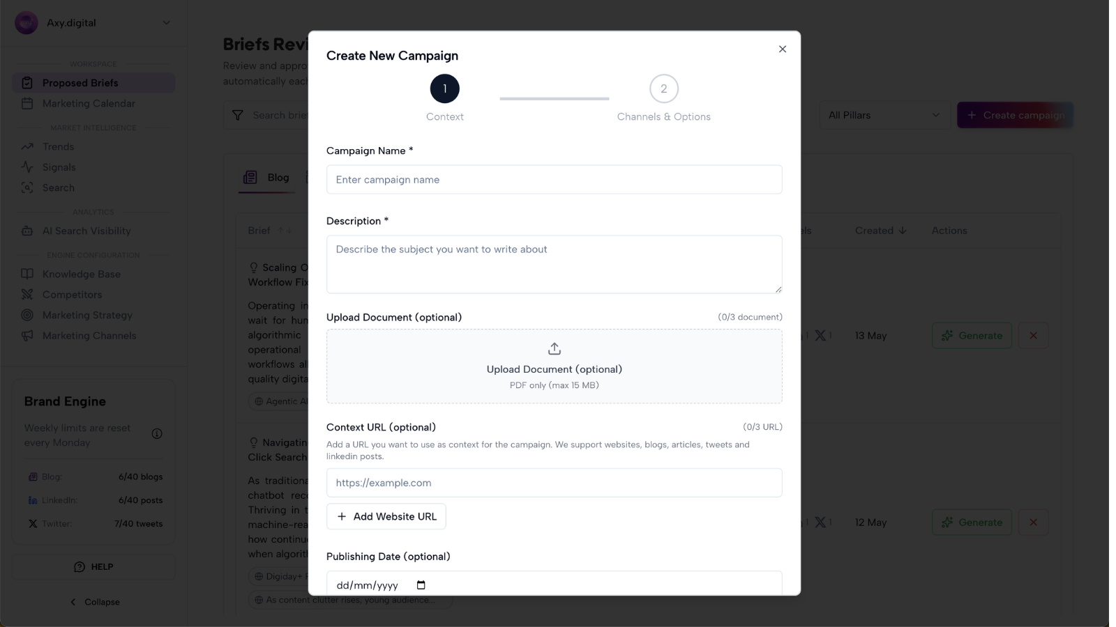 Create New Campaign modal on the Context step with fields for campaign name, description, document upload and context URL