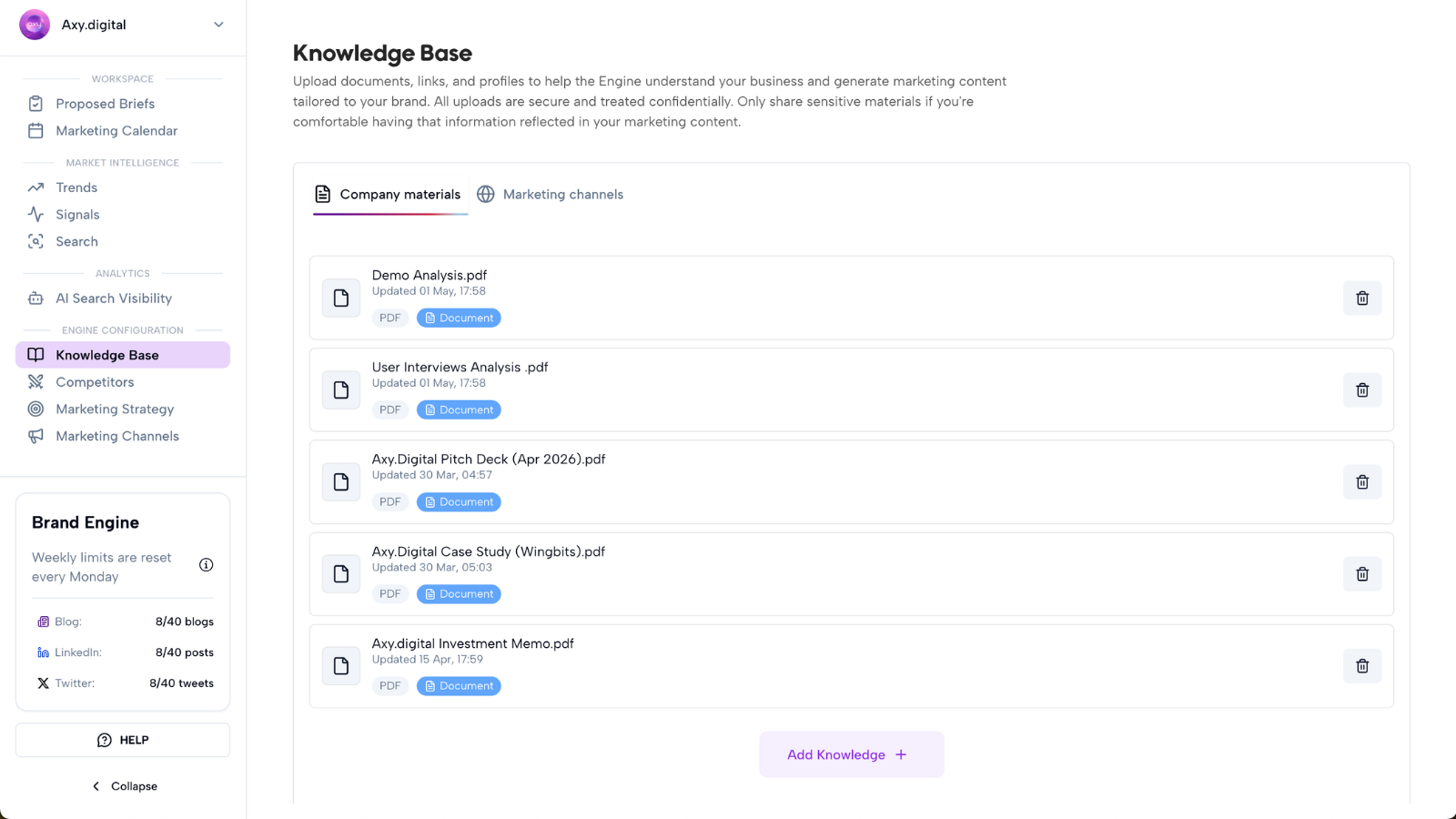 Knowledge Base page listing uploaded company documents with PDF and Document tags