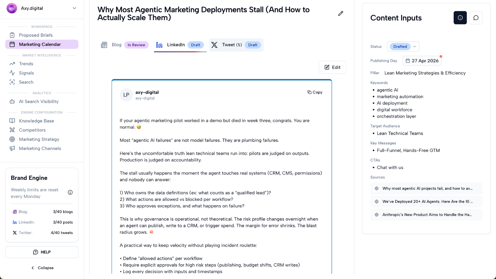 GEO article repurposed into an X post inside the marketing calendar