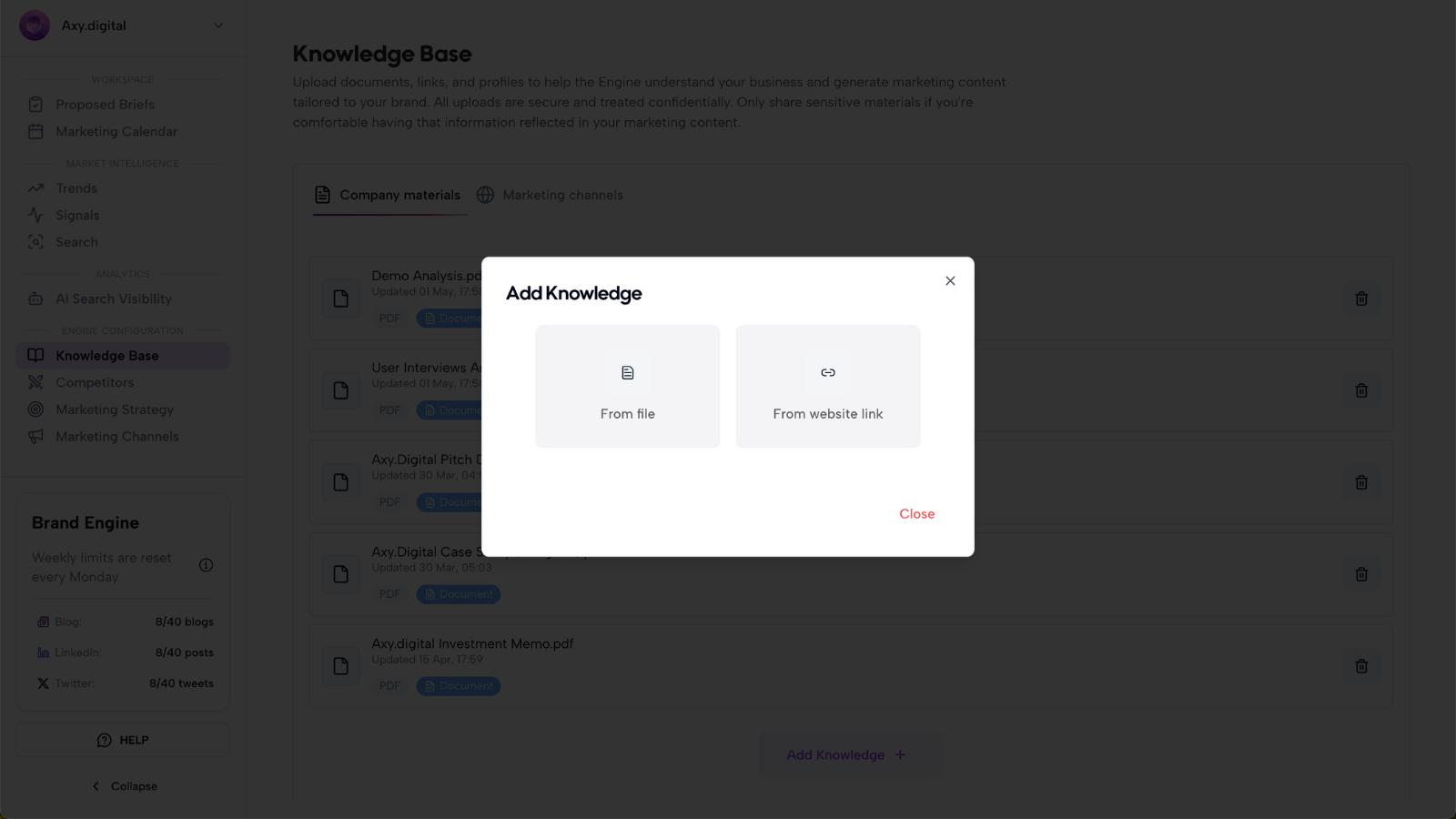 Add Knowledge dialog offering From file or From website link options