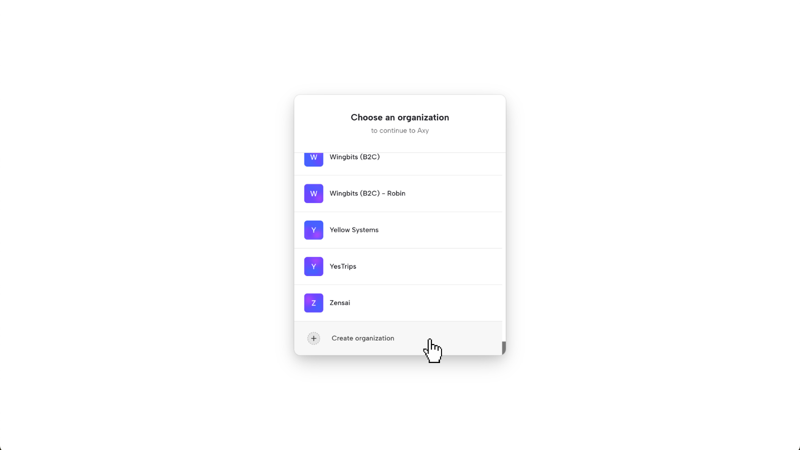 Choose an organization modal with create organization option