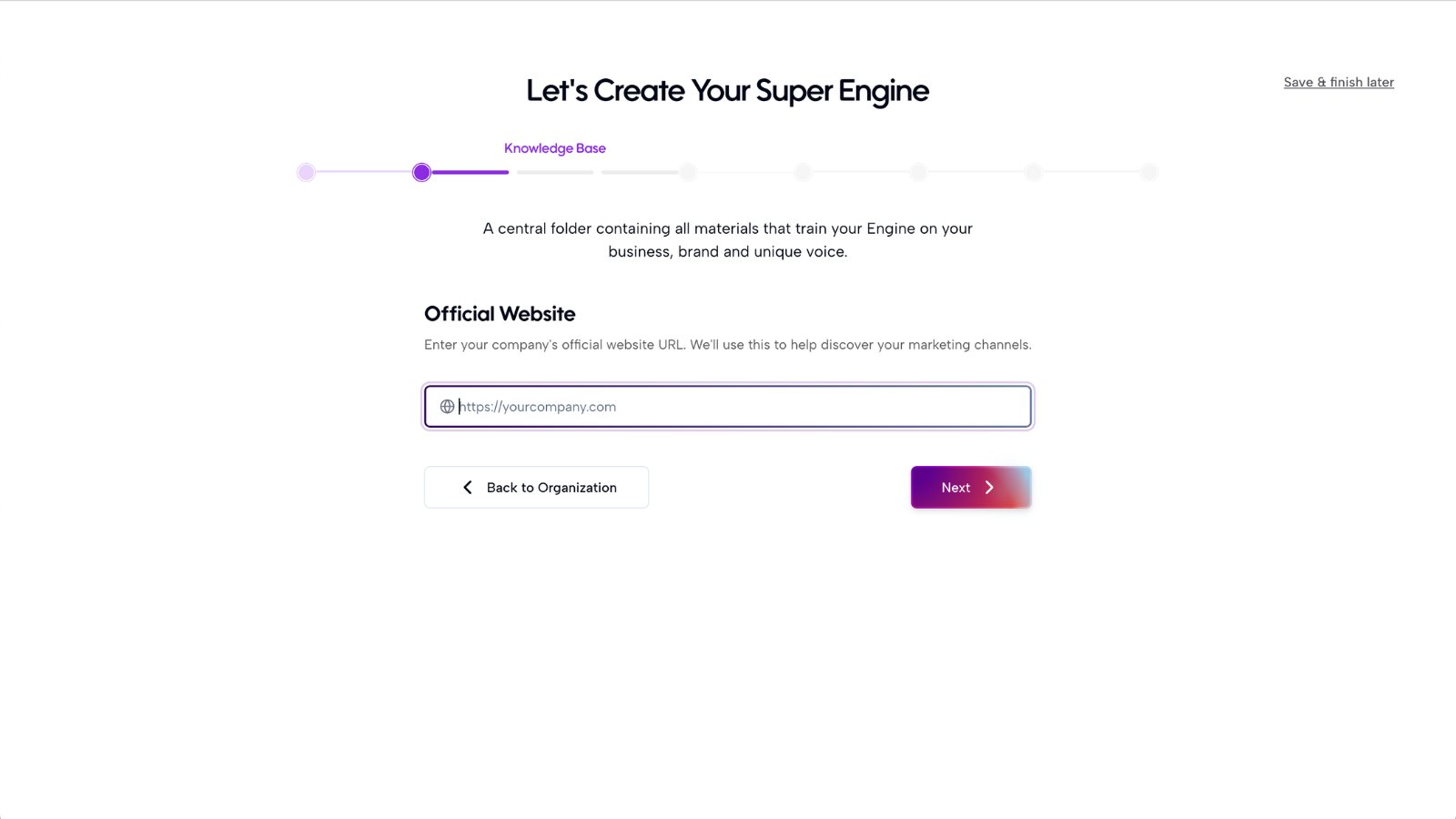 Knowledge Base onboarding step asking for the company's official website URL