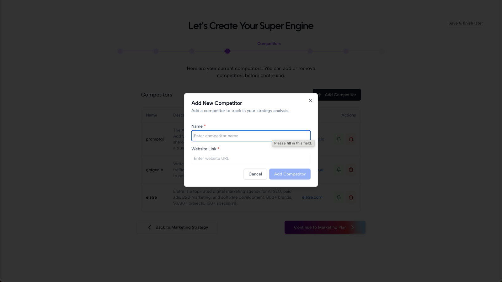 Add new competitor modal in Axy
