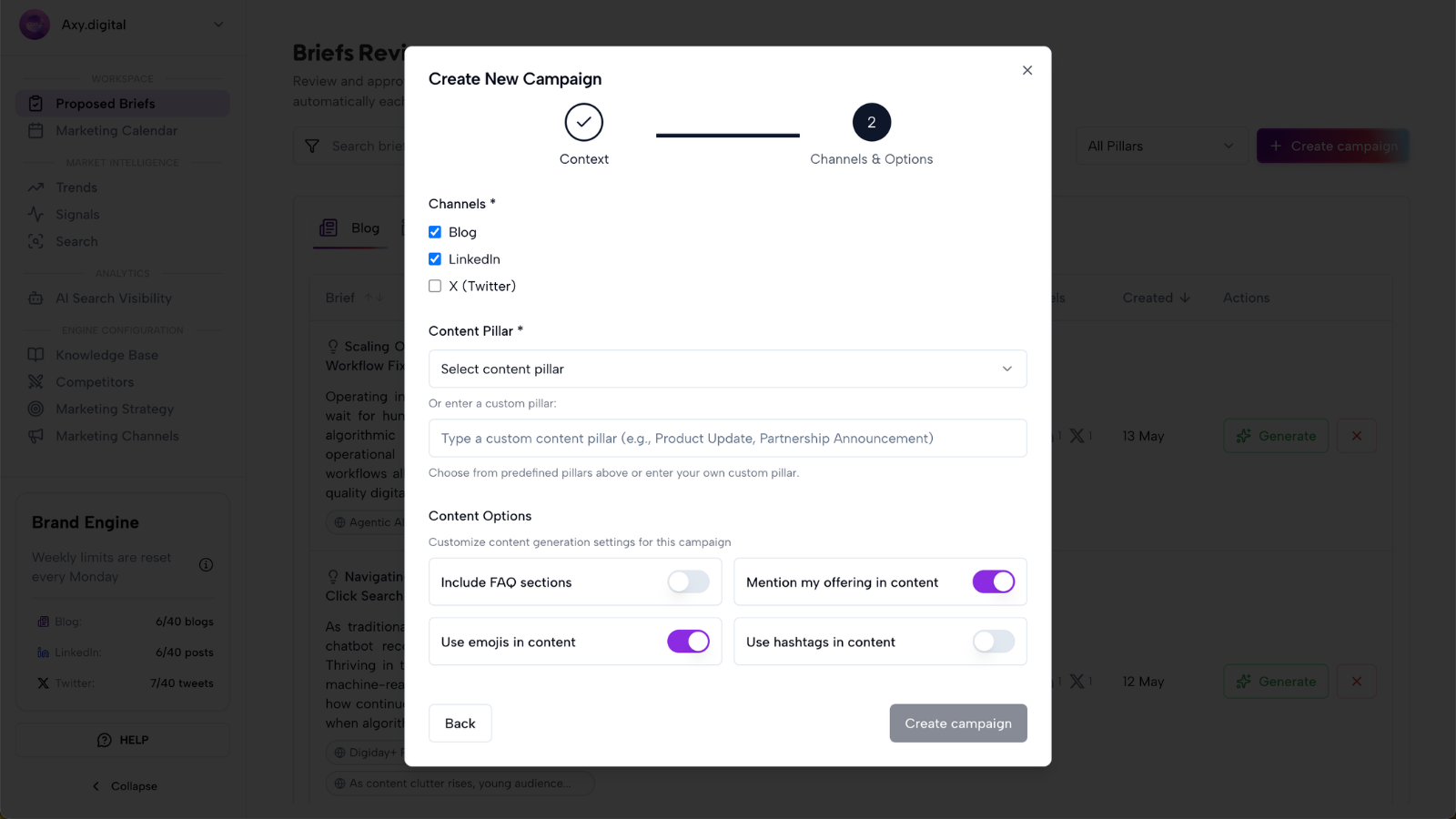 Create New Campaign modal Channels and Options step with channel checkboxes, content pillar selector and content option toggles
