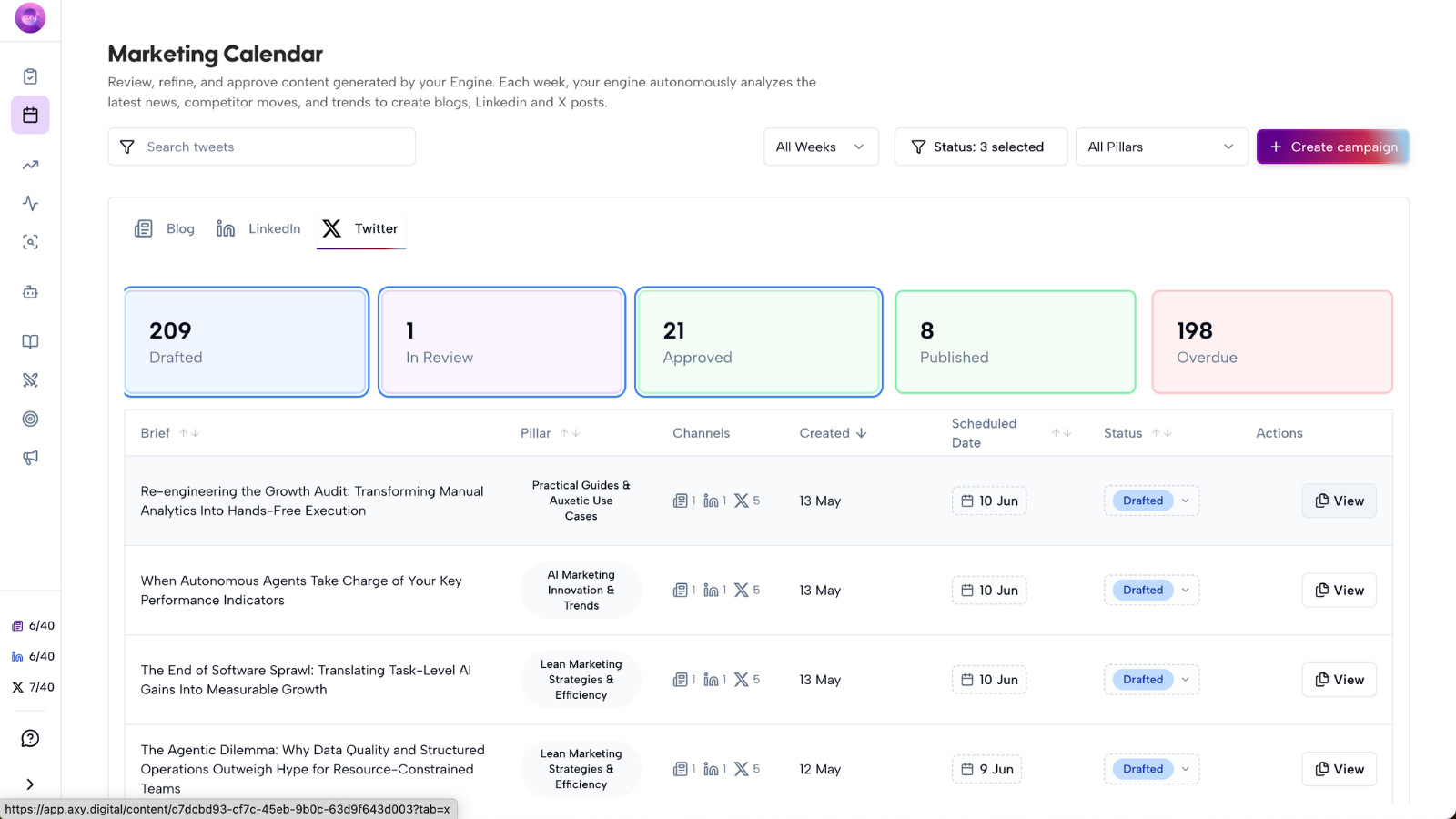 Marketing calendar showing generated X posts and threads