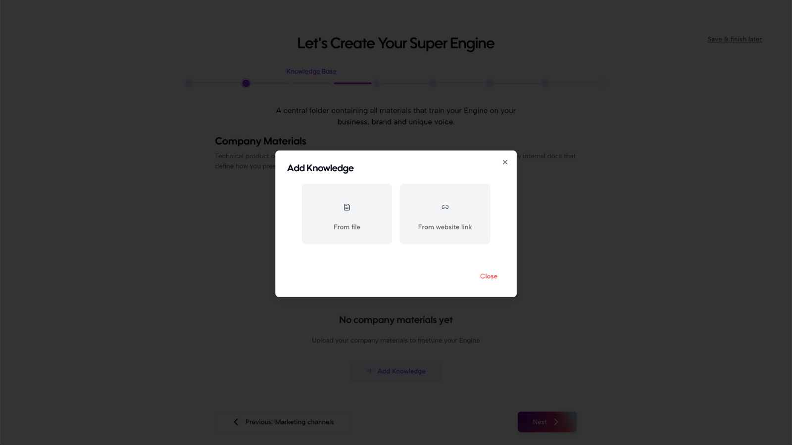 Add Knowledge dialog with From file and From website link options for adding additional online resources