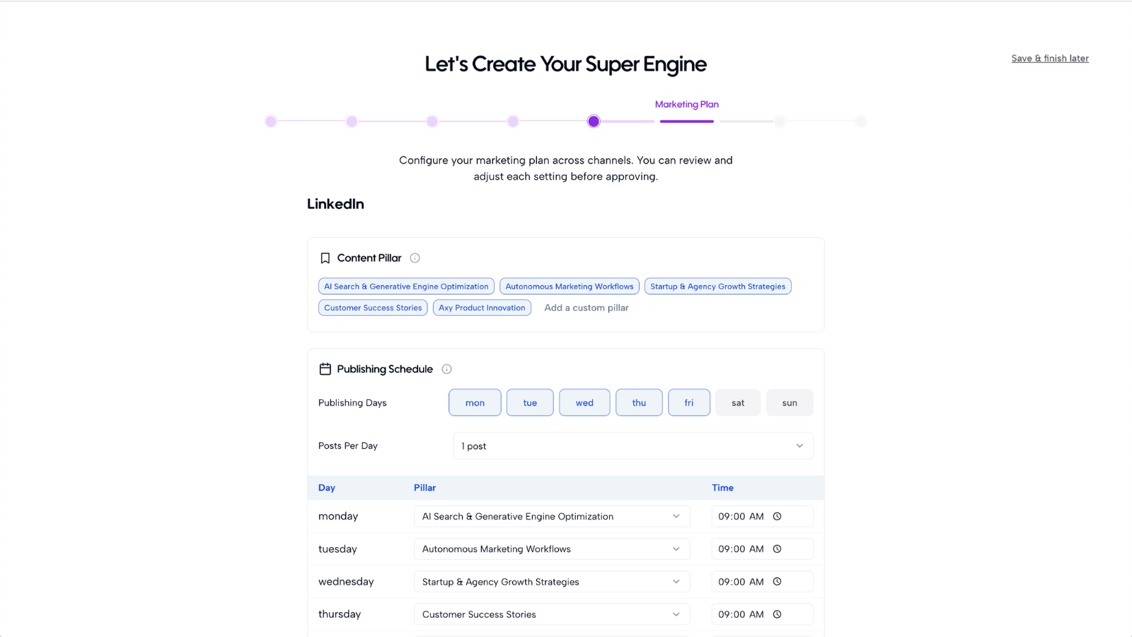 LinkedIn channel plan in detail showing content pillar tags and publishing schedule with per-day pillar and time assignments