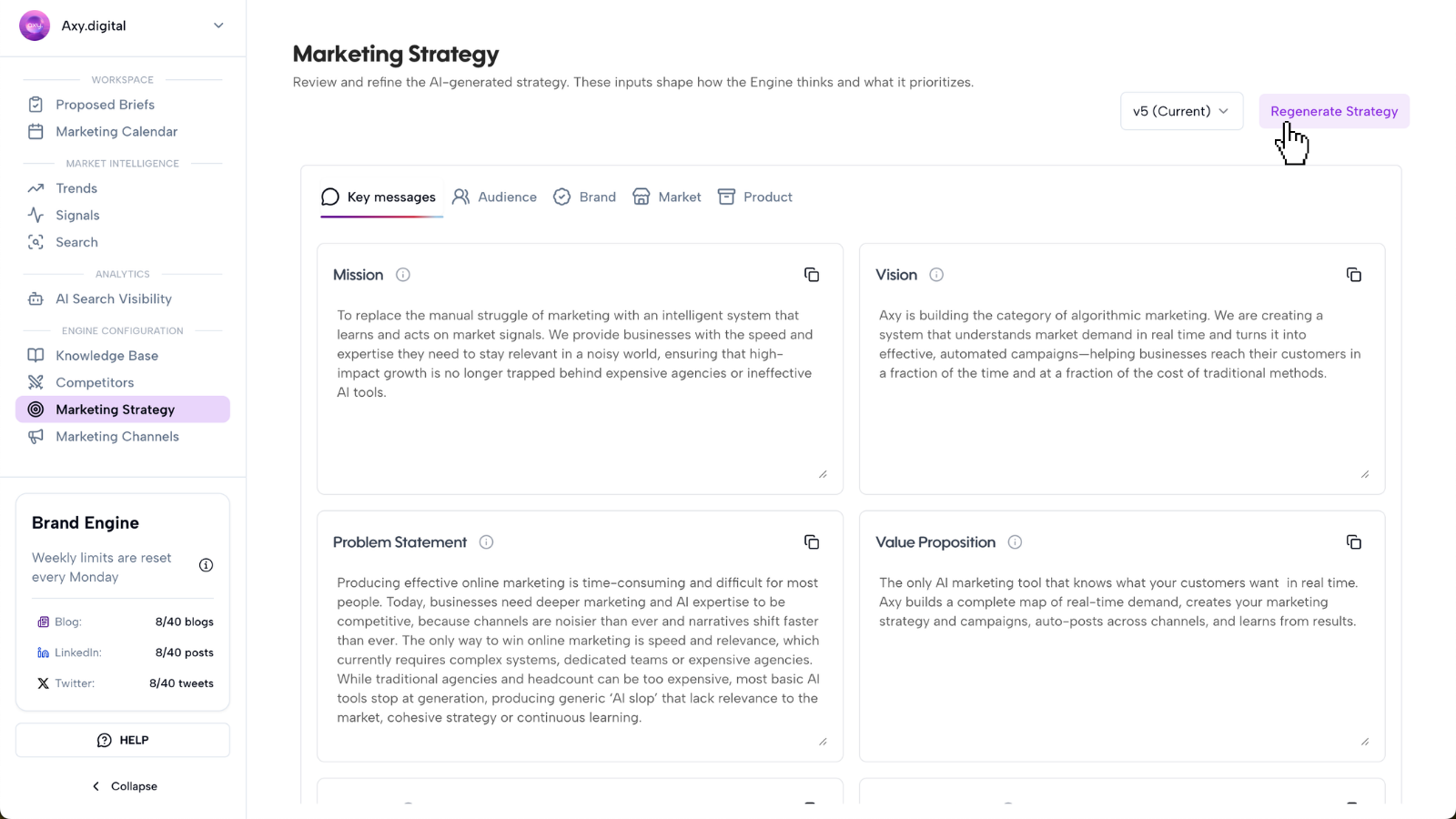Marketing Strategy page with Regenerate Strategy button highlighted in the top right