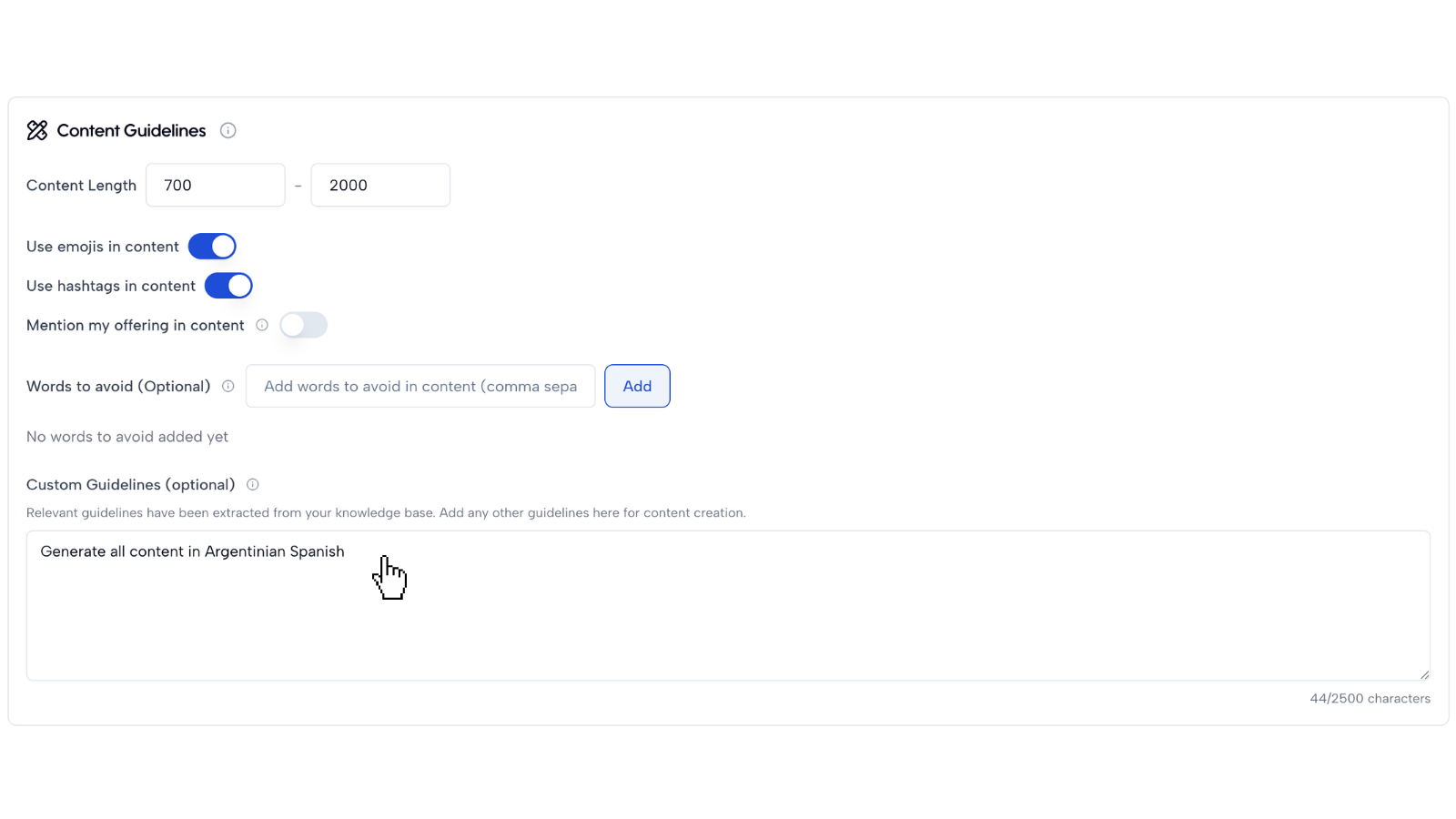 Custom guidelines field with language instruction in Axy