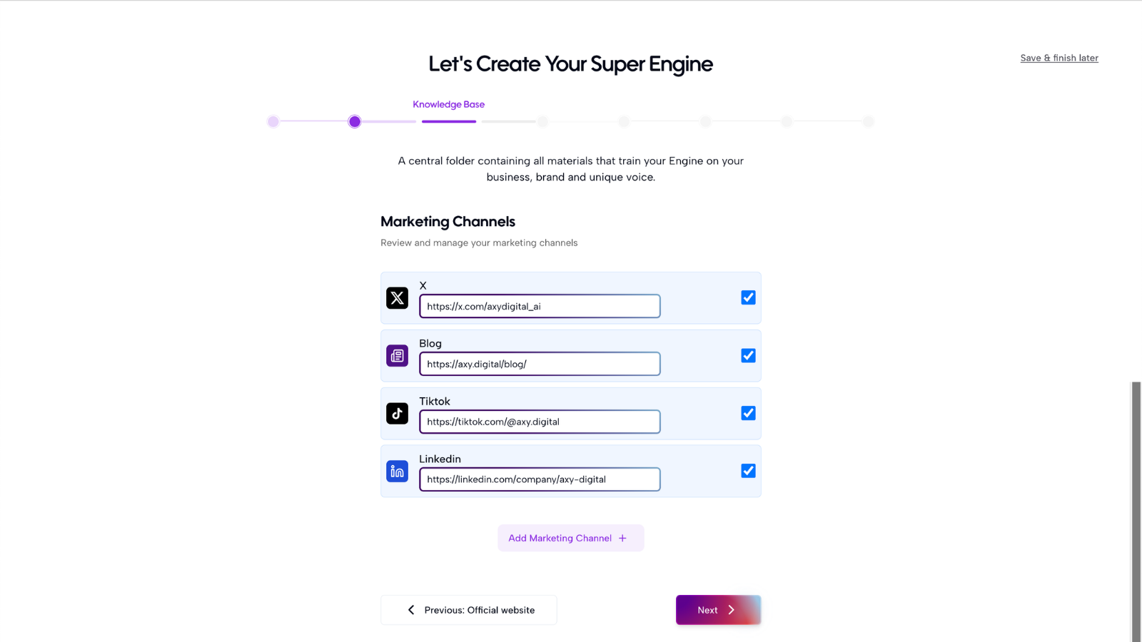 Marketing channels review screen with detected social profiles