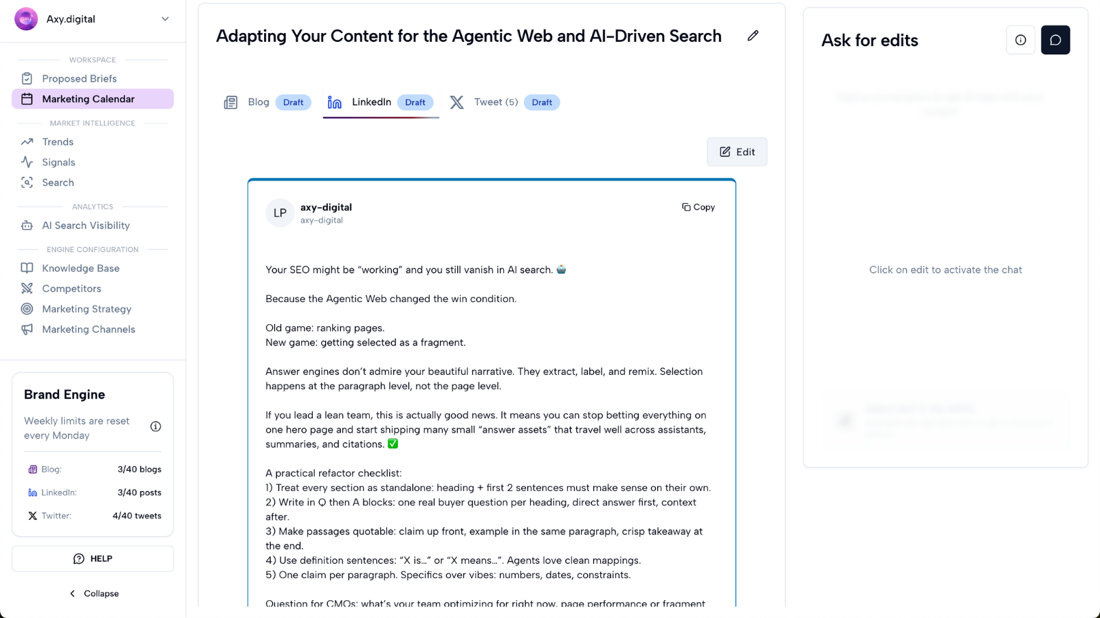 Generated LinkedIn post draft preview in Axy