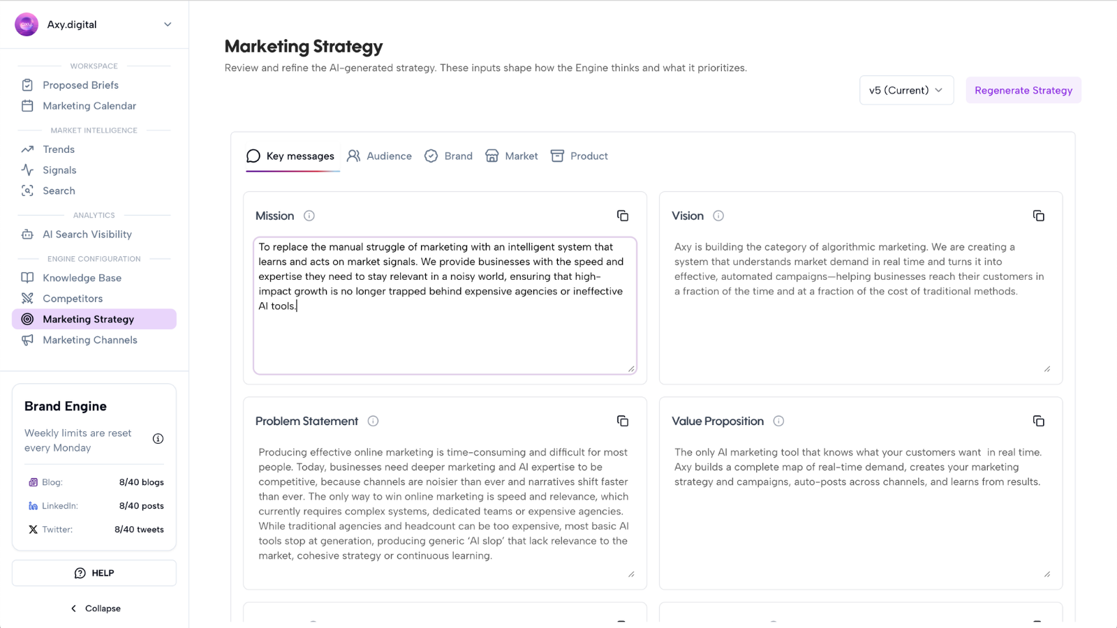 Marketing Strategy with the Mission field active for editing in the new regenerated version