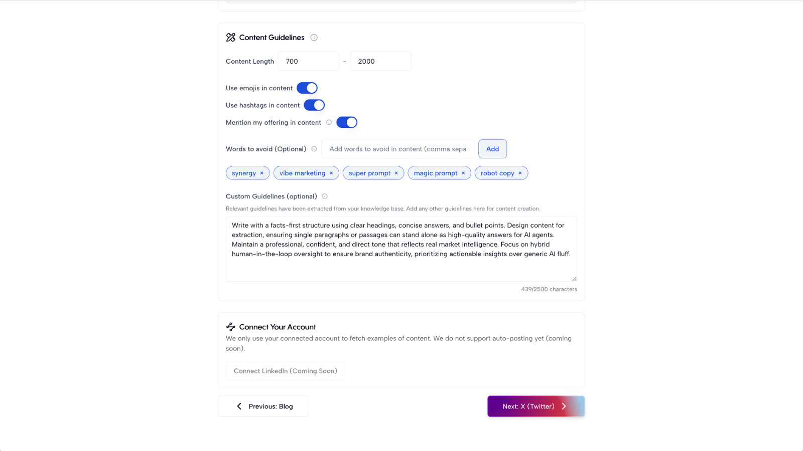 Channel Content Guidelines with content length range, emoji and hashtag toggles, words-to-avoid chips and a custom guidelines text area