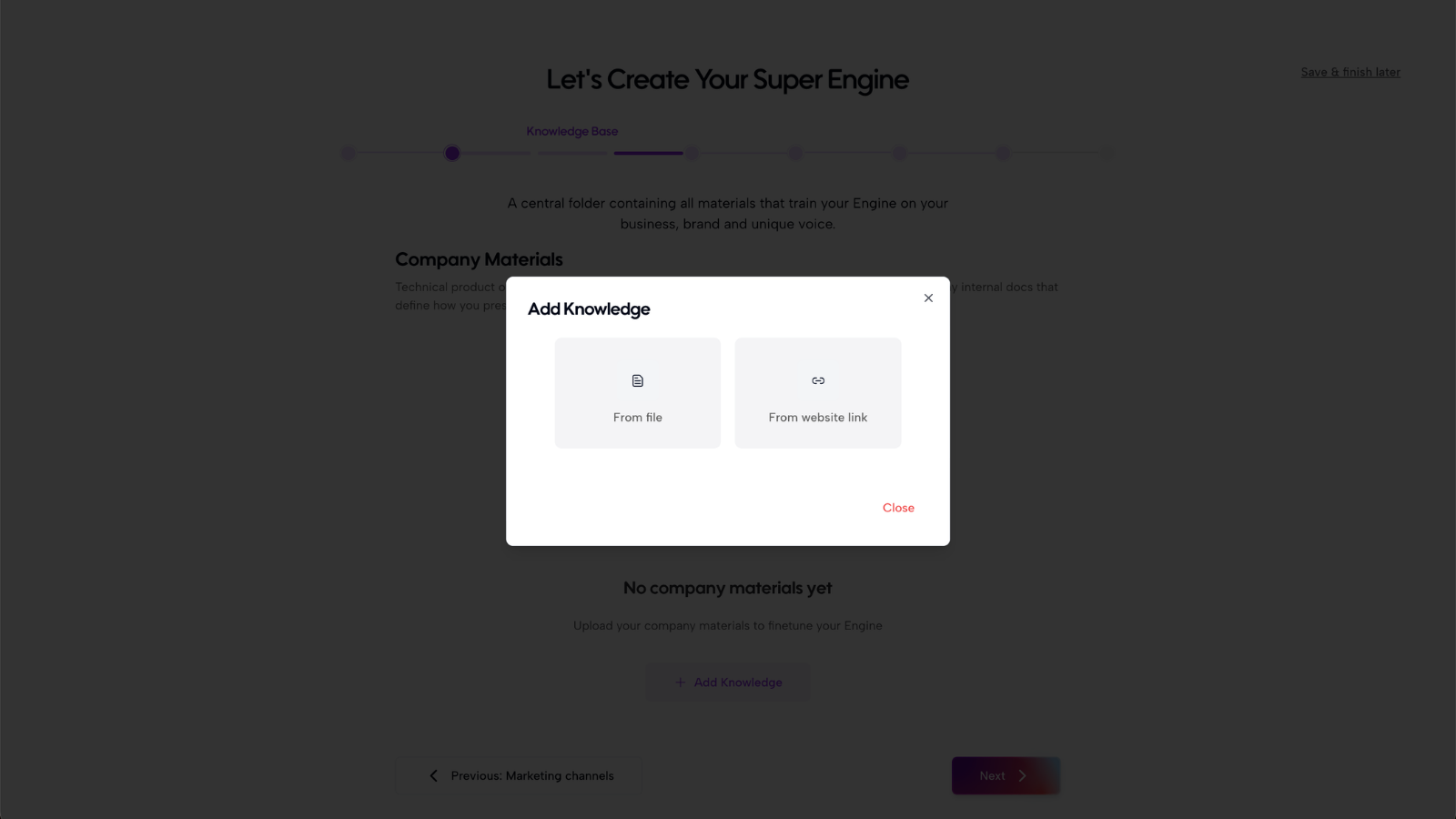 Add knowledge modal with file upload and website link options