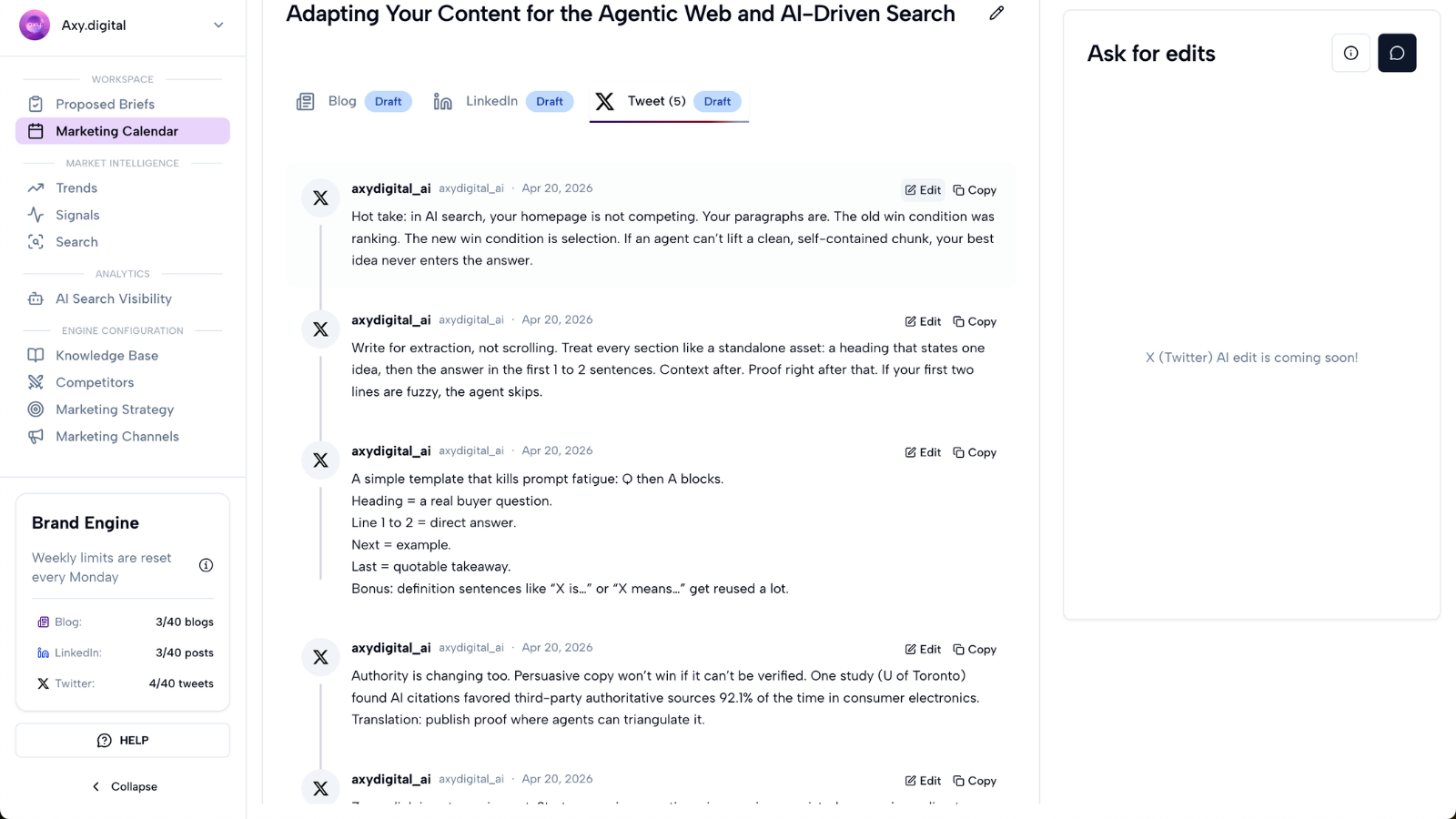Generated X thread preview with multiple connected tweets