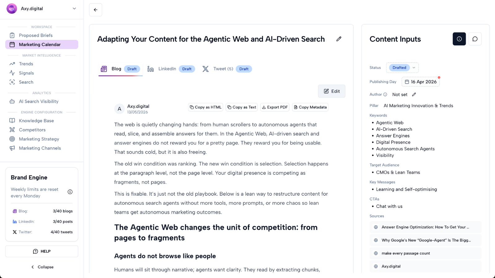 Generated GEO article draft with content inputs panel