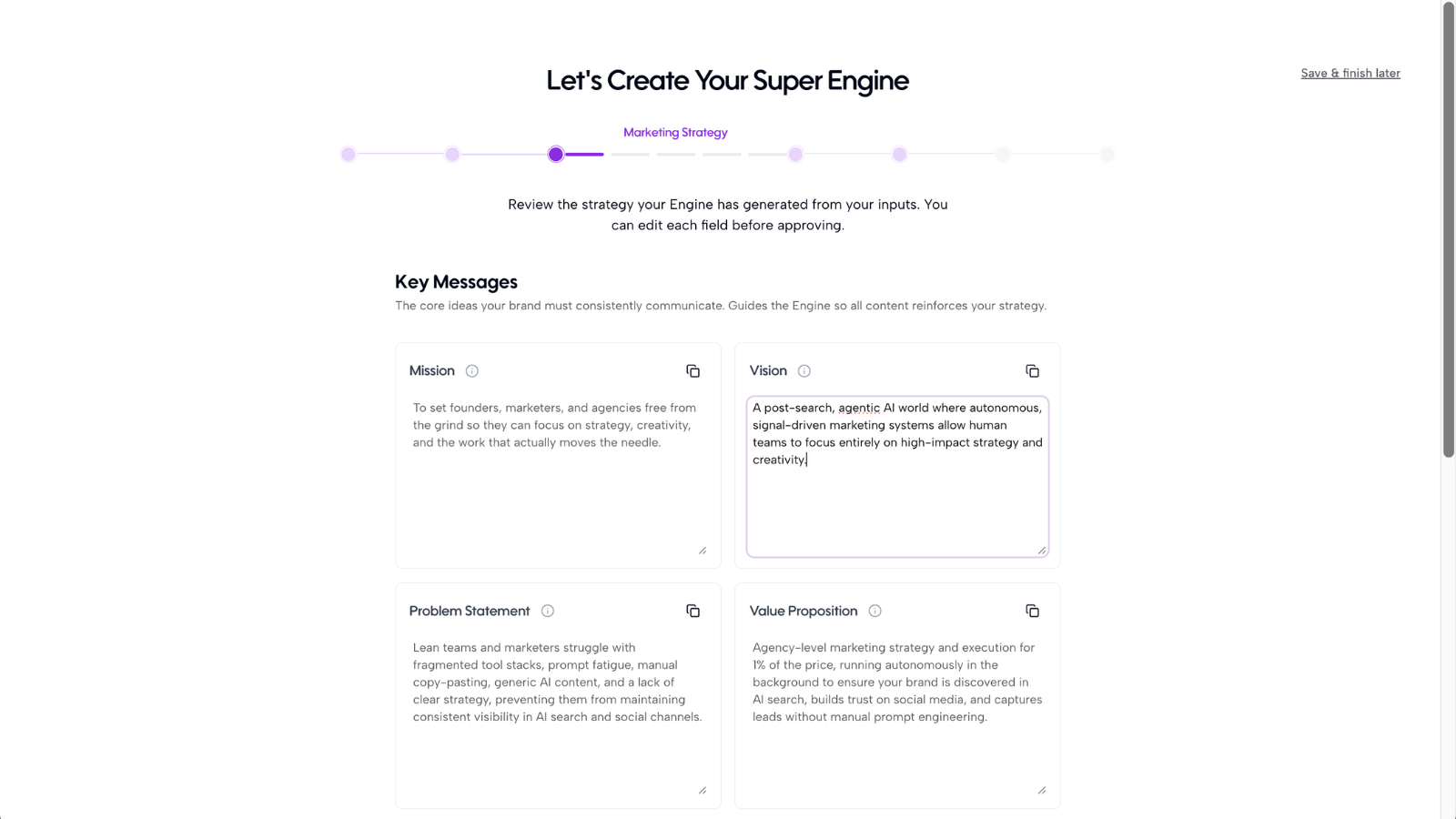 Generated marketing strategy review with key messages, mission and vision