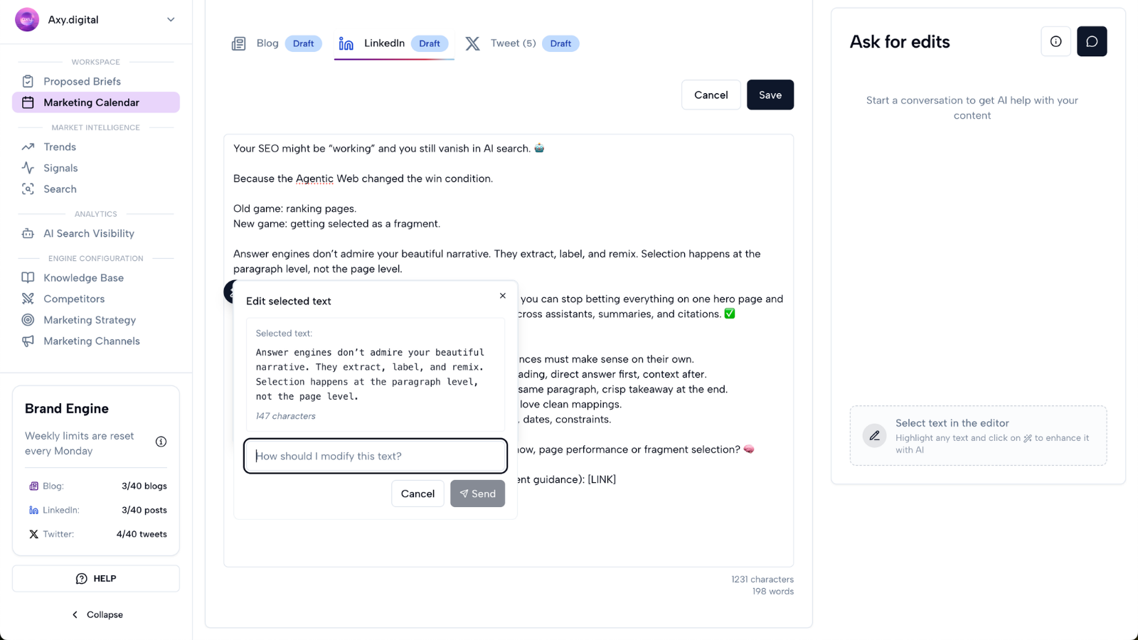 Edit selected text modal for AI edits on a LinkedIn post