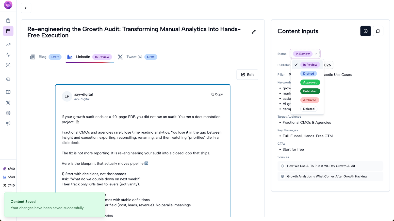 Status dropdown for approving and publishing a LinkedIn post