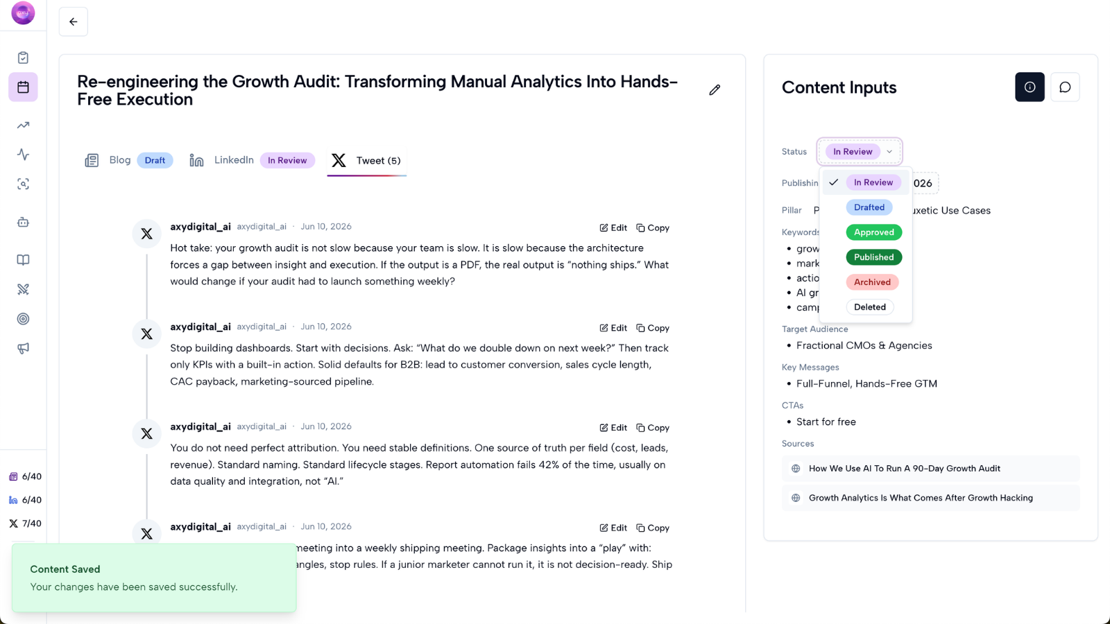 Status dropdown for approving and publishing an X thread