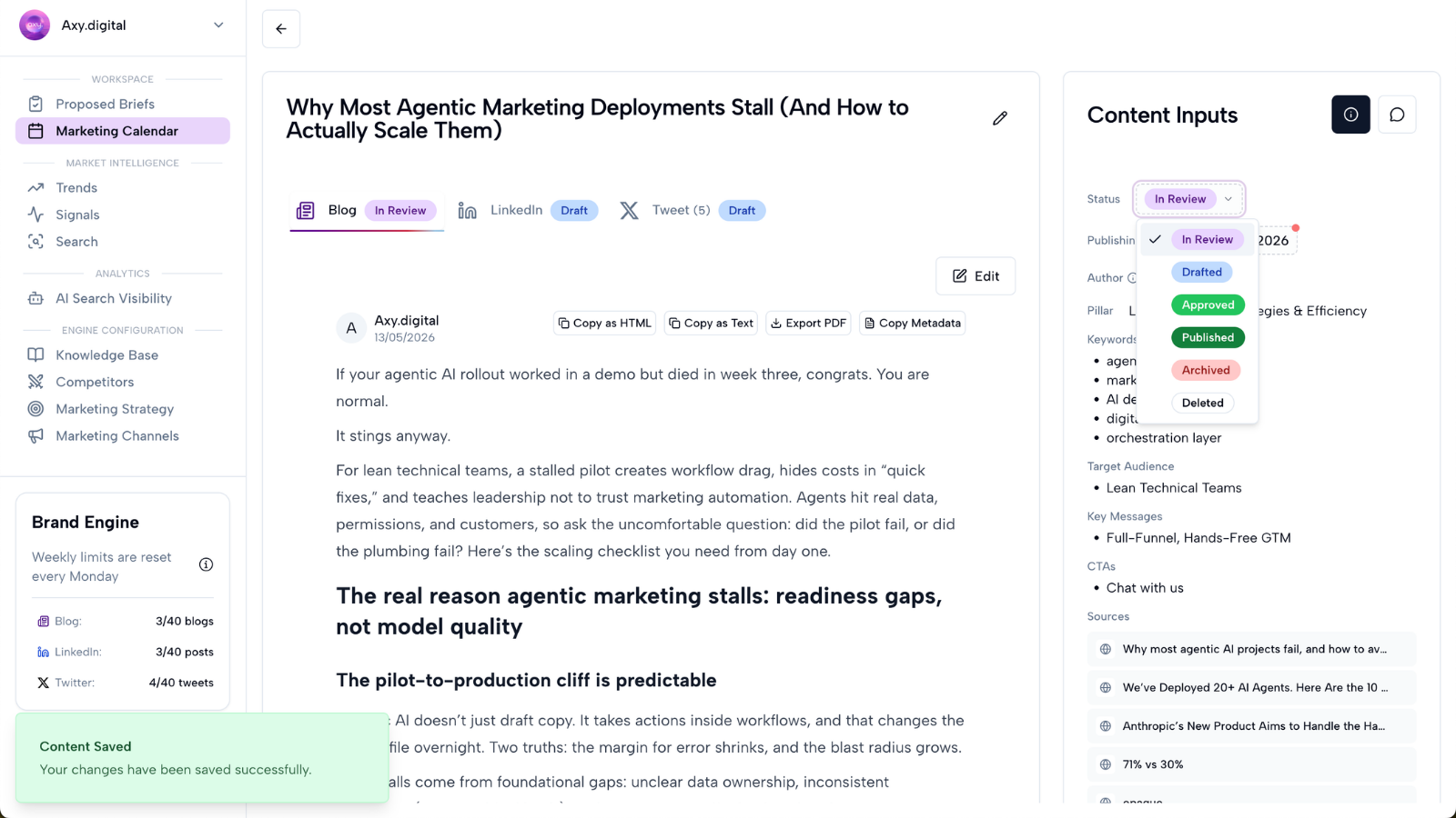 Status dropdown for approving and publishing content in Axy
