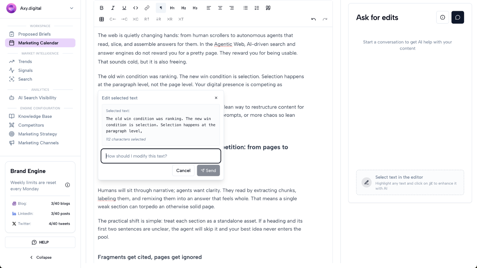 AI edit modal for refining selected text inside an article