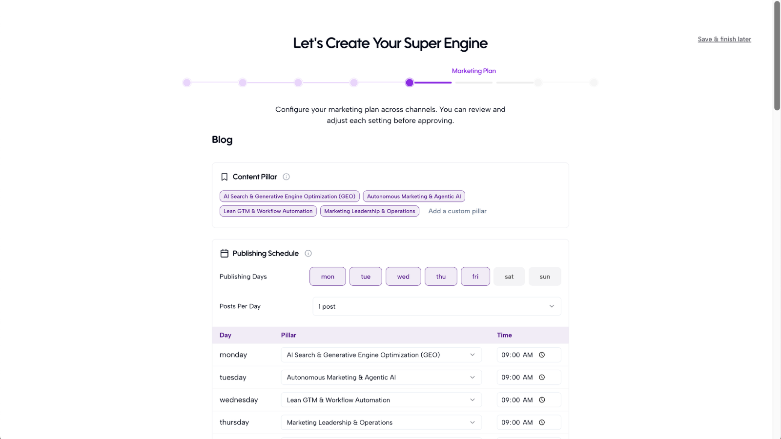 Marketing Plan configuration for the Blog channel showing content pillars, publishing schedule and per-day pillar assignments