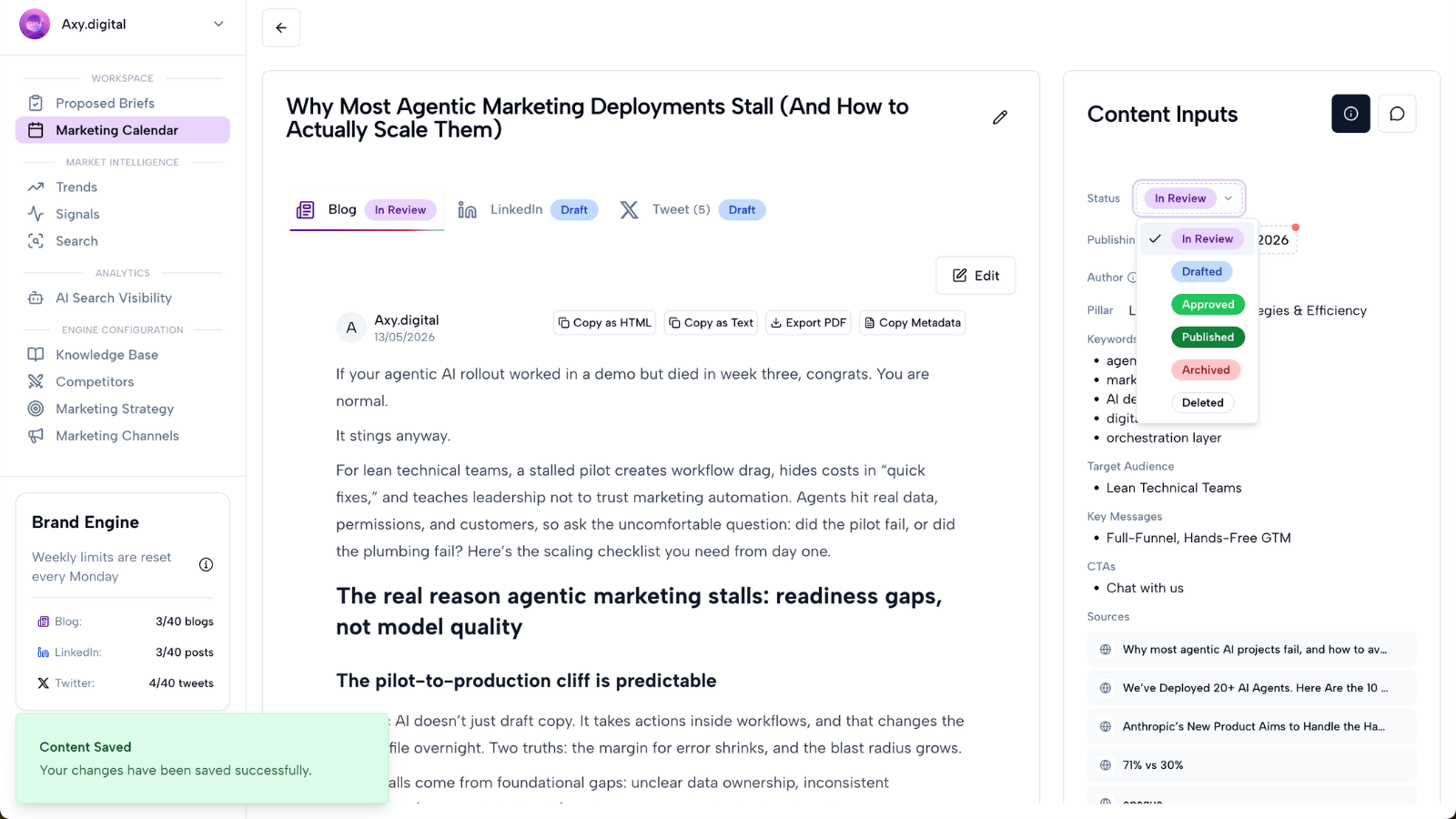 Status dropdown for approving and publishing a GEO article