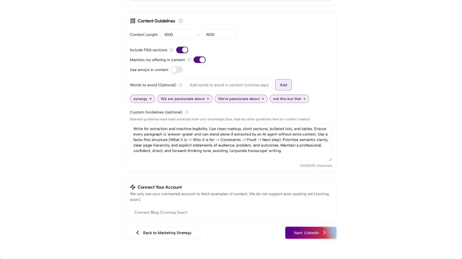 Channel content guidelines with content length, FAQ and emoji toggles, words to avoid chips and a custom guidelines text area before approving