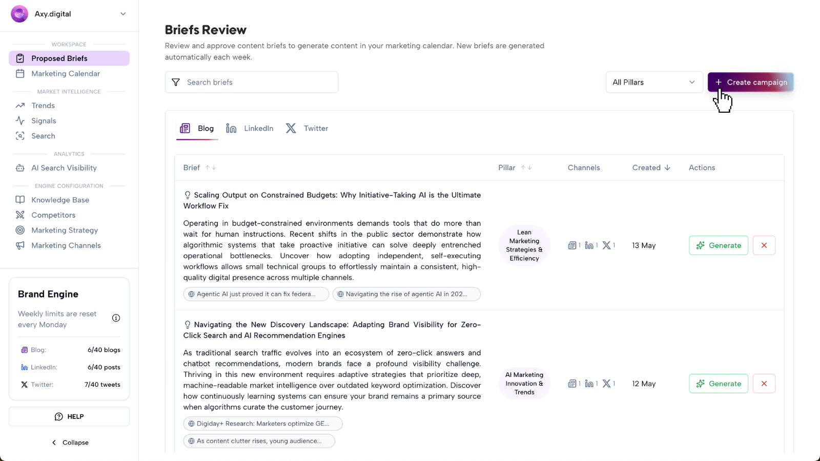 Create campaign button highlighted in Axy briefs review
